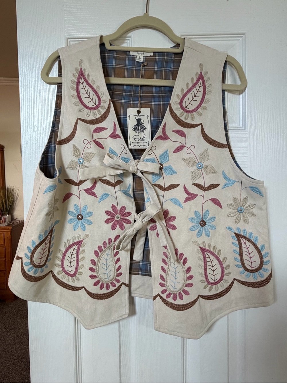 Easel Cream Faux-Suede Embroidered Tie-Front Vest with Blue & Mauve Accents